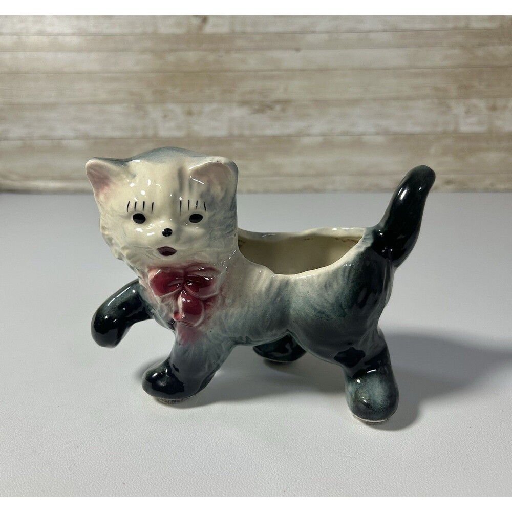 Vtg MCM Ceramic Kitty Tuxedo Cat Prancing Planter Red Ribbon